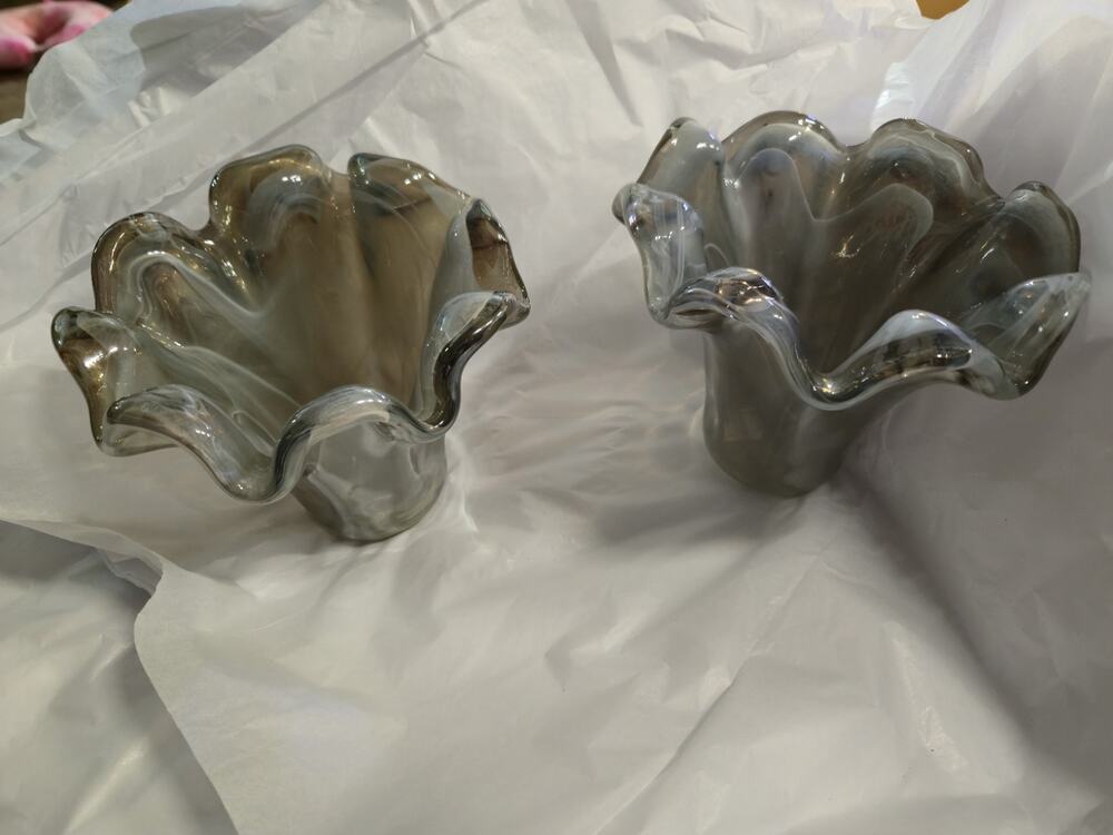Vintage Italian Art Glass Ruffled Candle Holders Pair Smoke Gray Tammaro